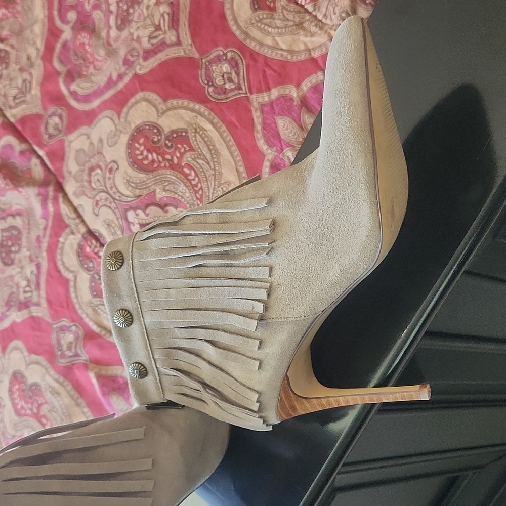 Grey Suede Fringe Booties